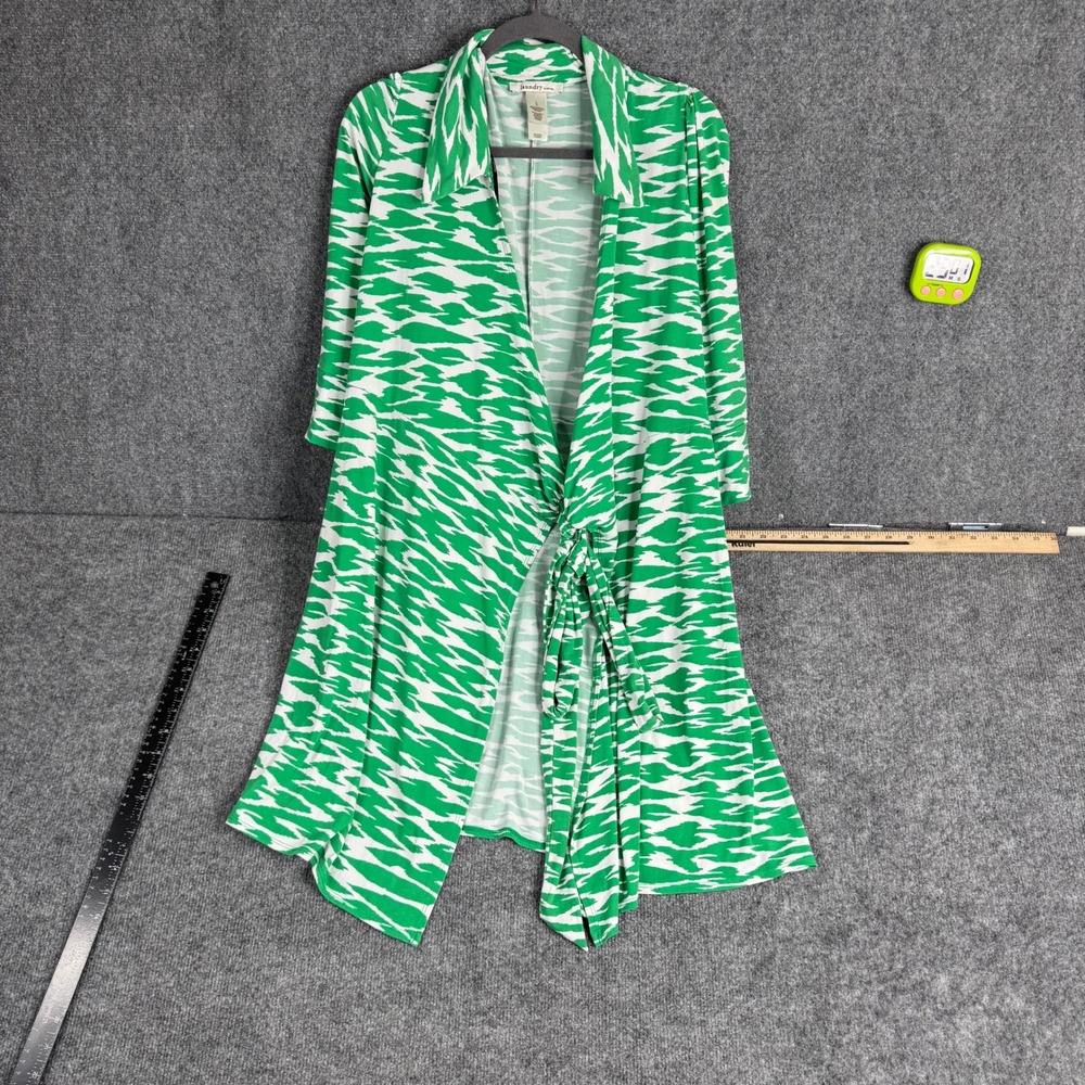 Laundry Wrap Dress Womens Size L Green White Abstract Print Tie Waist Stretch